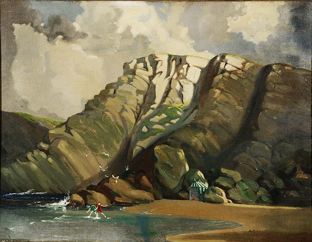 Appraisal: A C LANGE Coastal cliffs with figures paddling in the