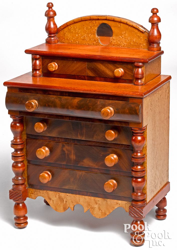 Appraisal: Miniature Pennsylvania Sheraton chest of drawers Miniature Pennsylvania Sheraton bird's-eye