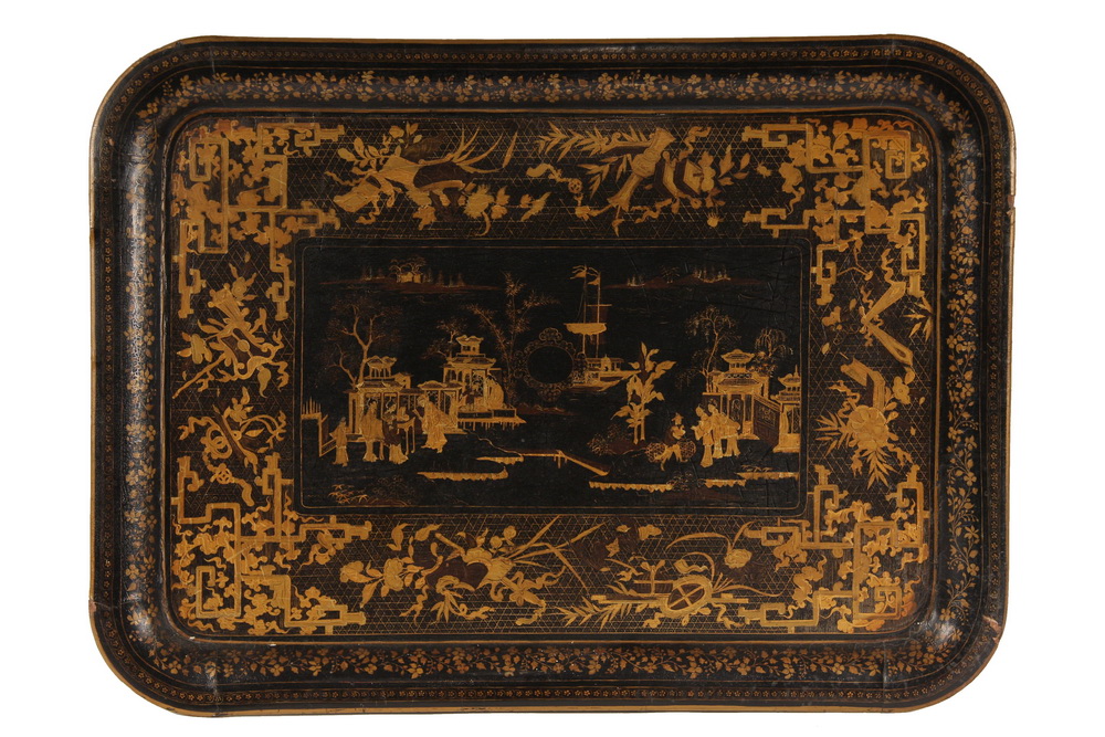 Appraisal: CHINESE LACQUERED TRAY - th c Chinese Black Lacquered Papier