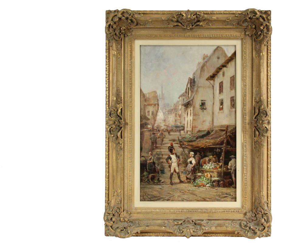 Appraisal: GEORGES CHABRIER th c French - Soldier Courting a Market