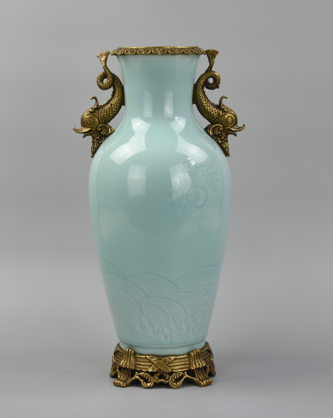 Appraisal: CHINESE CELADON DRAGON VASE W BRASS MOUNTS TH C A