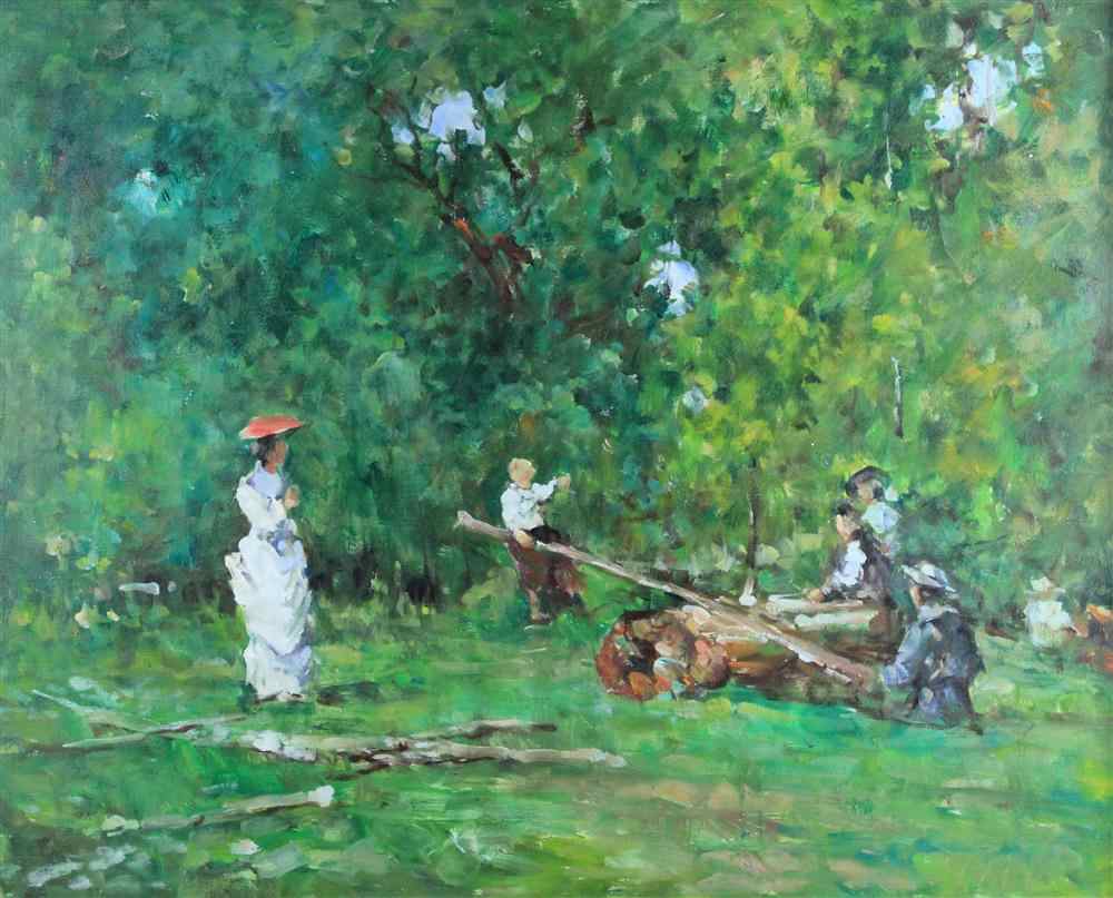 Appraisal: CHILDREN PLAYING IN THE FOREST Oil on canvas x in