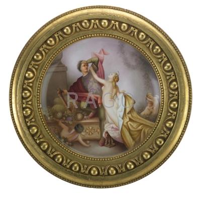 Appraisal: AUSTRIAN HAND-PAINTED PLATE Tannhauser in gilt wood frame th c