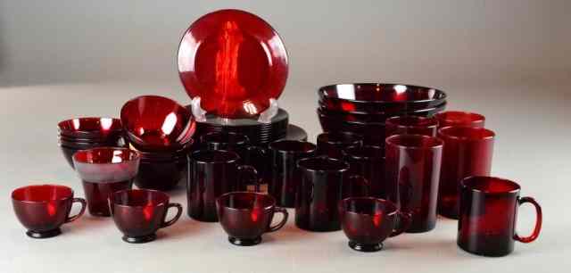 Appraisal: Pcs Ruby Glass - FranceTo include plates bowls mugs cups