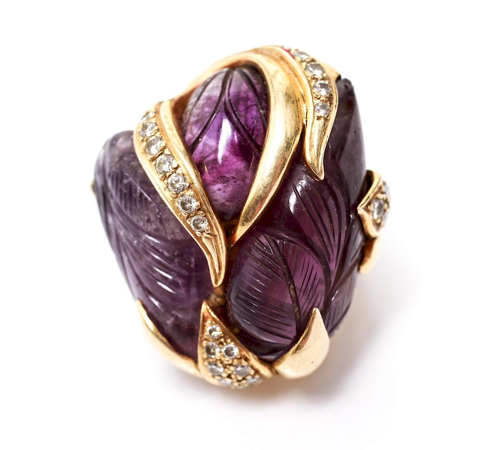 Appraisal: K Yellow Gold Carved Amethyst Diamonds Ring K yellow gold