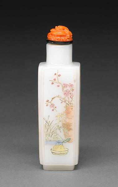 Appraisal: An enameled glass snuff bottle Qianlong mark The square-sided bottle