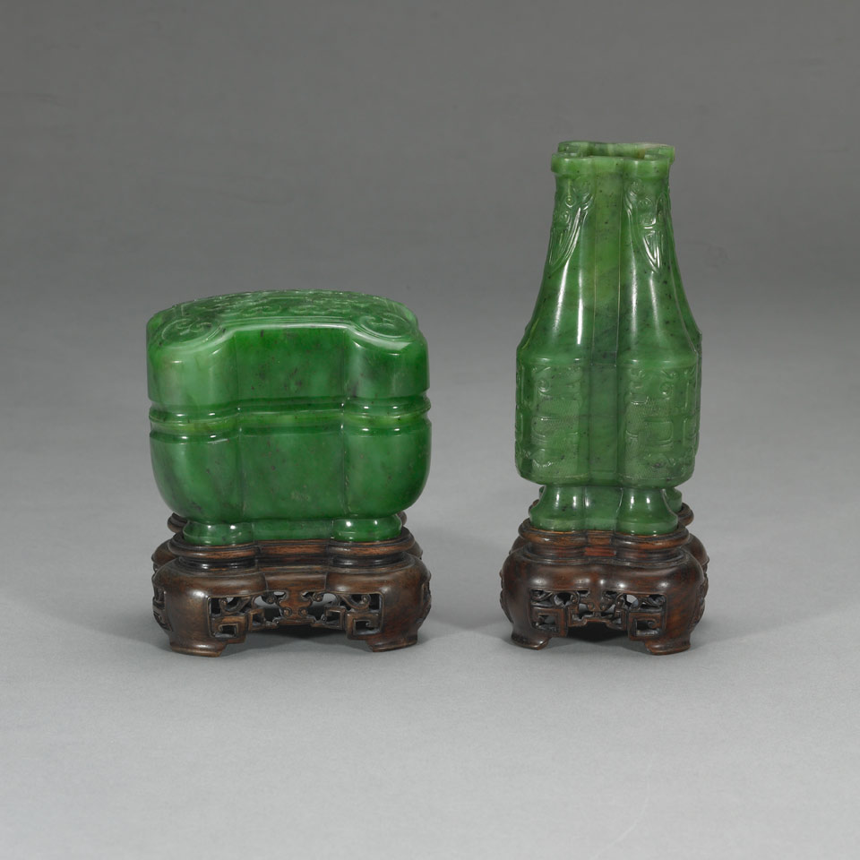 Appraisal: Two Spinach Green Jade Items - Box and Vase The