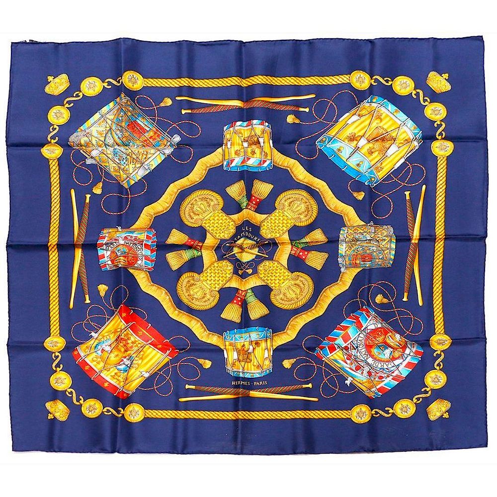 Appraisal: Hermes Silk Scarf Les Tambours boxed excellent condition