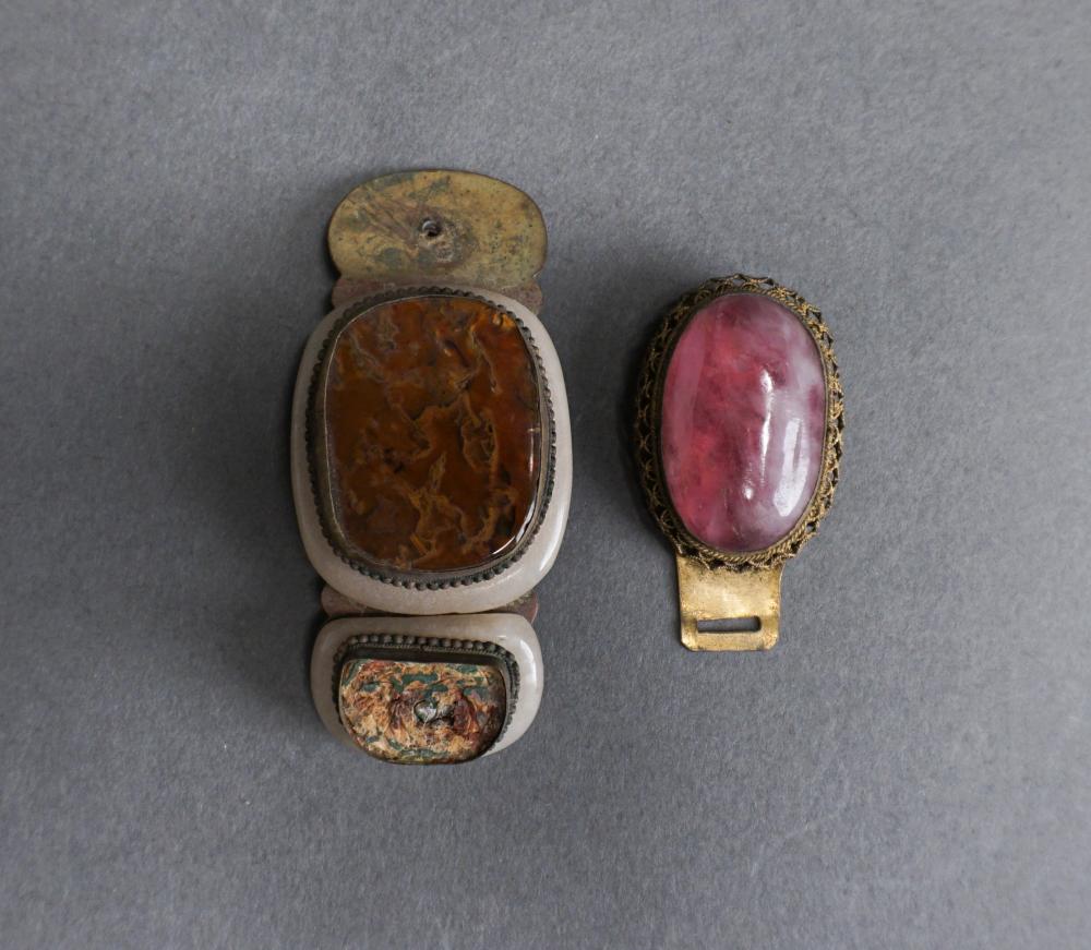 Appraisal: TWO CHINESE HARDSTONE AND BRASS BELT BUCKLES L OF LARGER