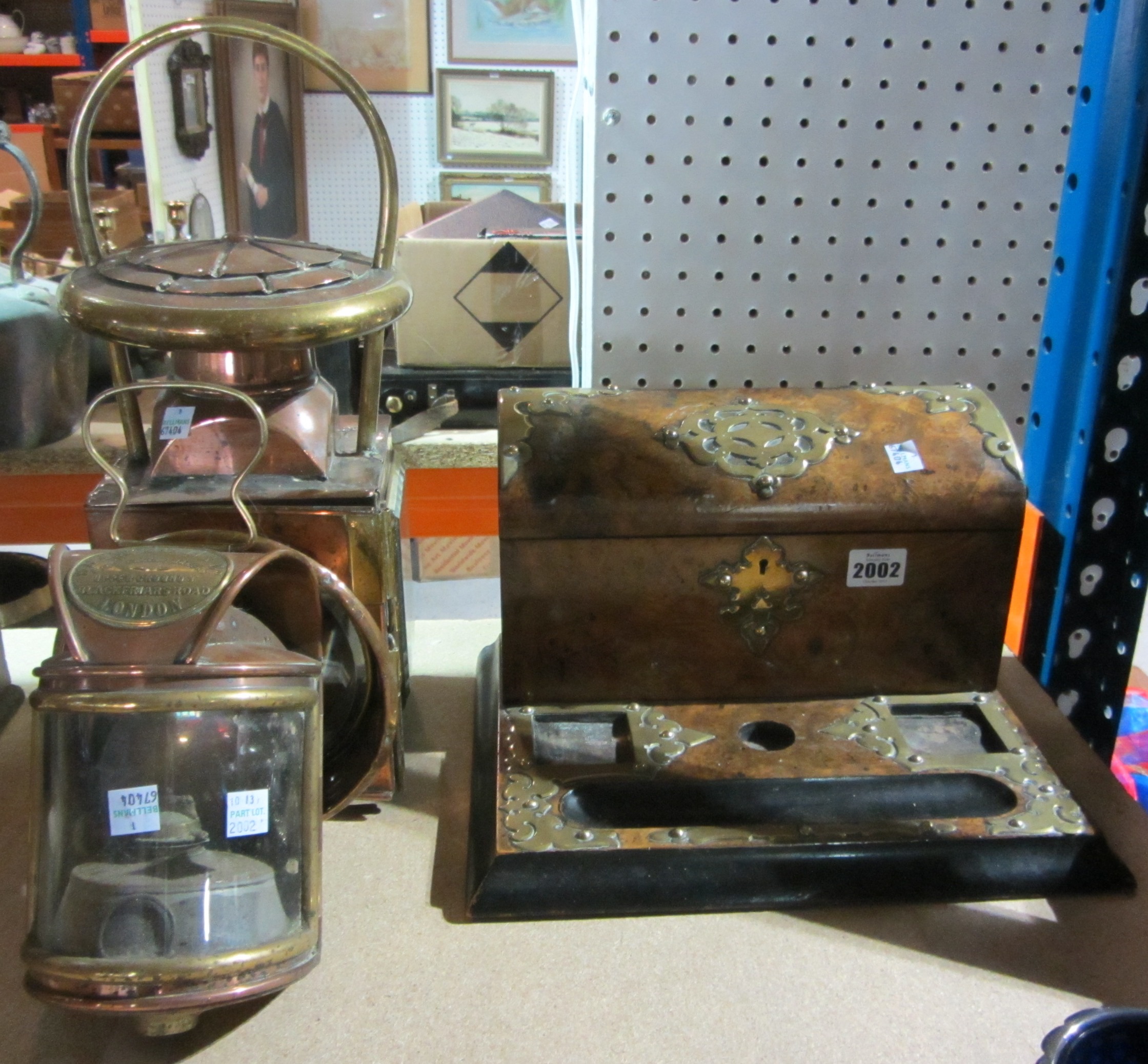 Appraisal: A walnut stationery box and two lanterns