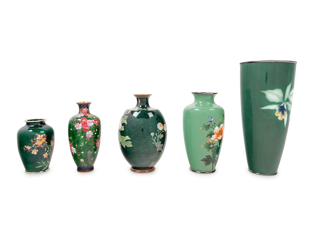 Appraisal: Five Japanese Green Ground Cloisonne Enamel and Embossed Foil 'Ginbari'