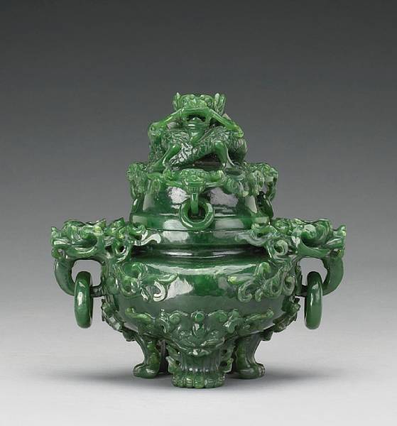 Appraisal: A 'spinach' jade covered censer th Century Of tripod form