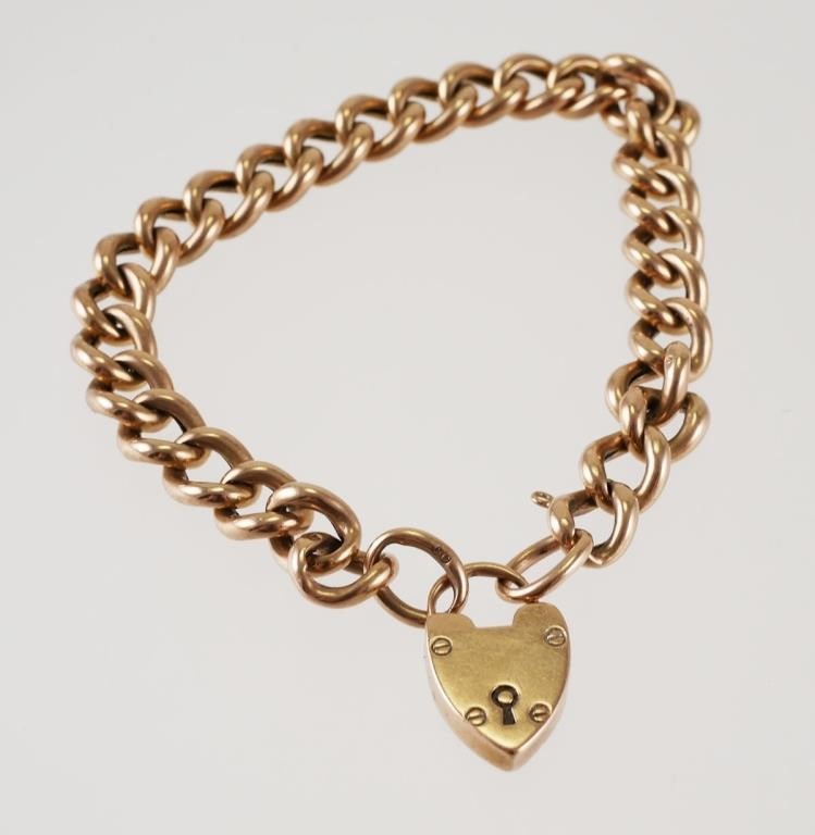 Appraisal: Antique yellow gold puffy heart lock bracelet Lock is stamped