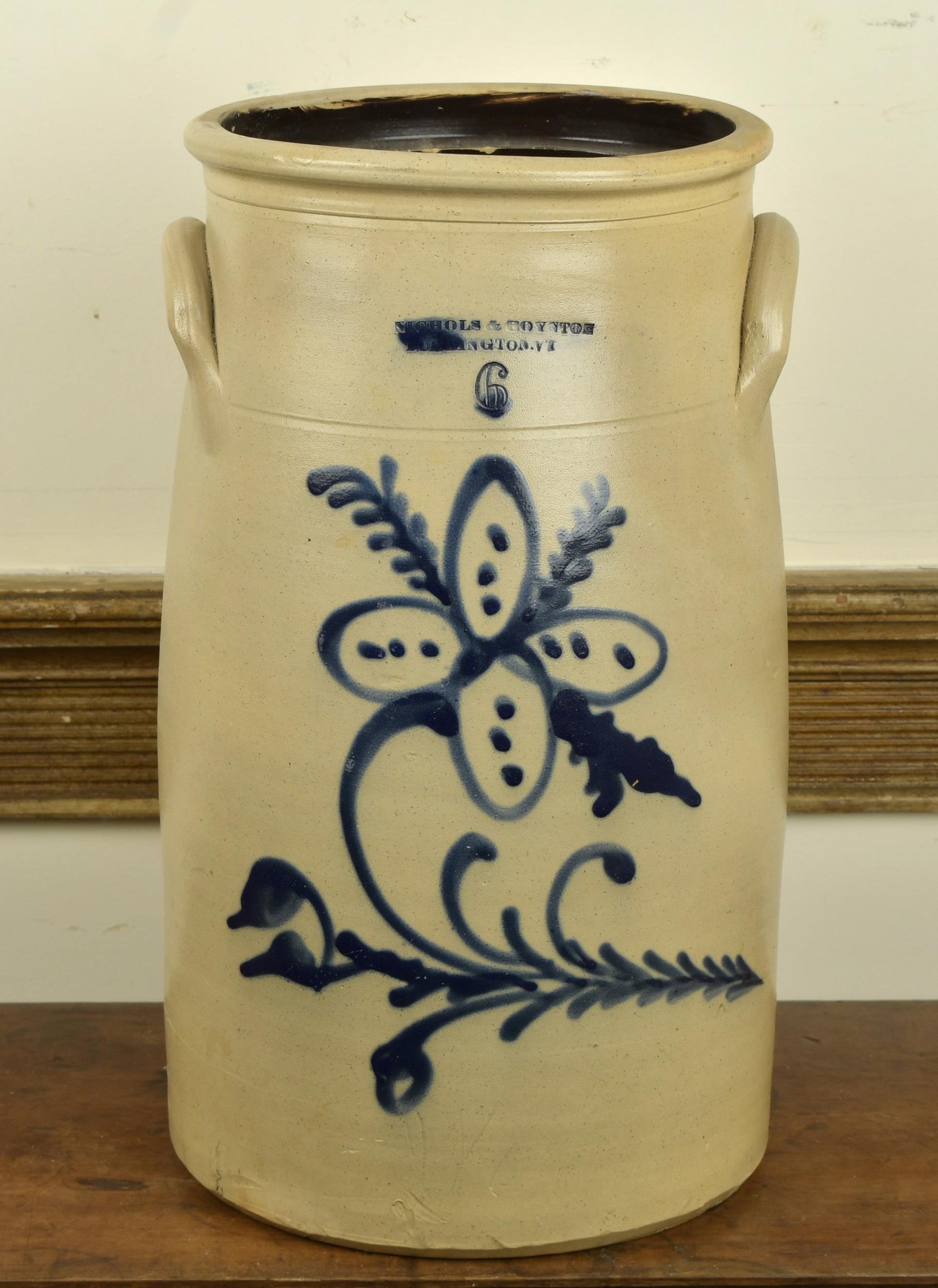 Appraisal: NICHOLS BOYNTON BURLINGTON VT GAL CHURN Large six gallon stoneware