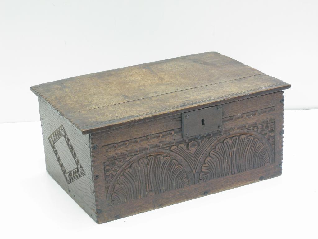 Appraisal: A th Century oak Bible Box with hinged cover carved