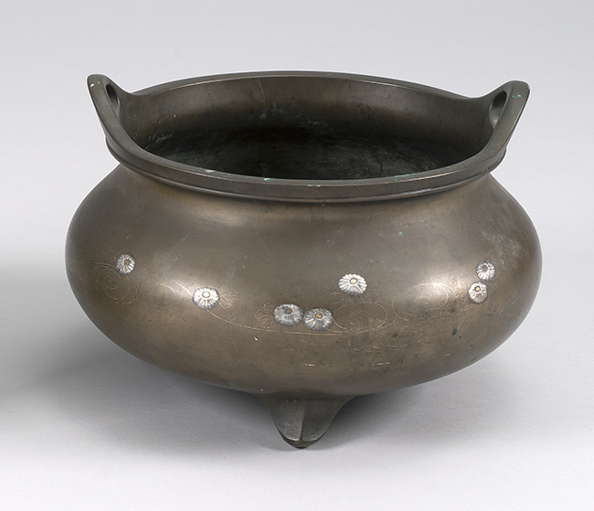 Appraisal: INLAID BRONZE CENSER Meiji PeriodIn squat ovoid form with tripod