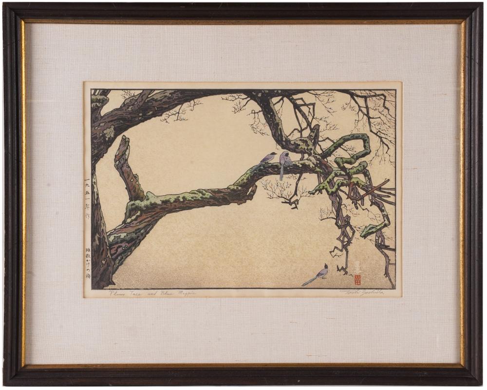 Appraisal: TOSHI YOSHIDA - PLUM TREE BLUE MAGPIE titled and signed