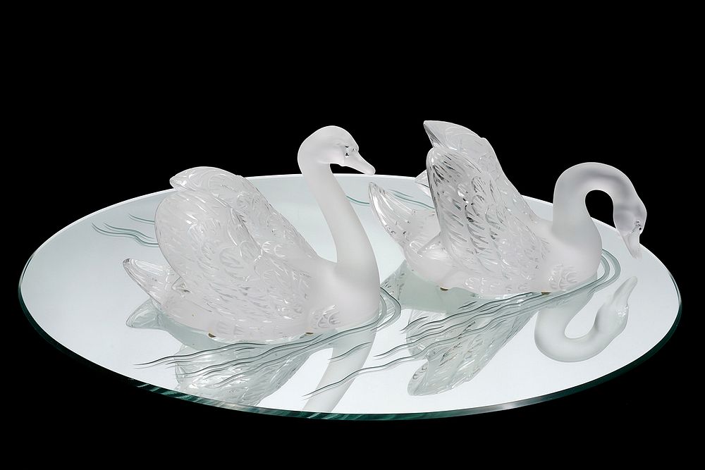 Appraisal: Pr Lalique Crystal Swans on Mirror Plateau Pair of Lalique