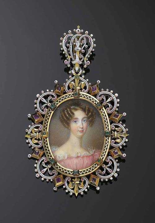 Appraisal: ENAMEL AND GOLD PENDANT WITH PORTRAIT MINIATURE probably E FROMENT-MEURICE