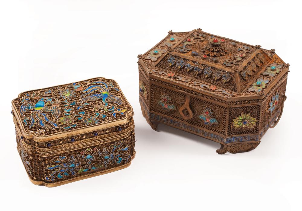 Appraisal: Two Asian Gem and Enamel Embellished Gilt Filigree Dresser Boxes