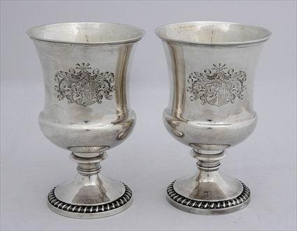 Appraisal: PAIR OF GEORGE III ARMORIAL SILVER GOBLETS Rebecca Emes Edward