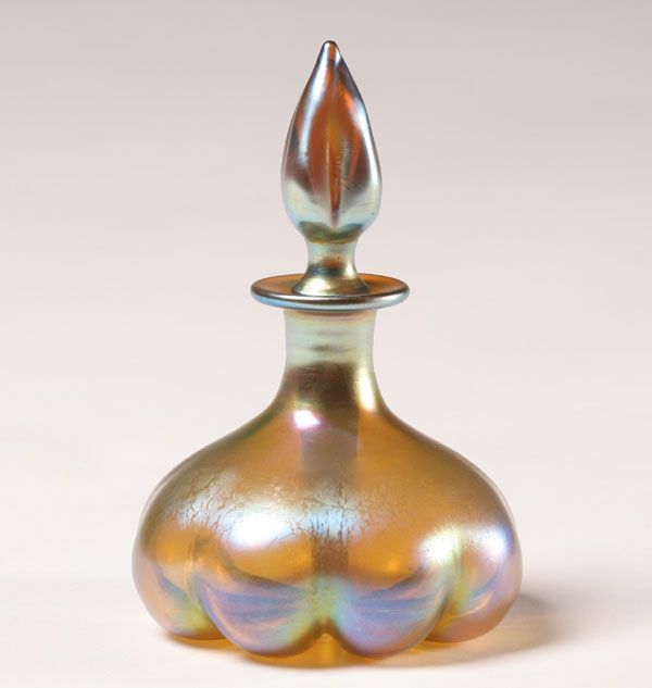 Appraisal: Steuben Aurene iridescent gold art glass perfume bottle ribbed melon-form