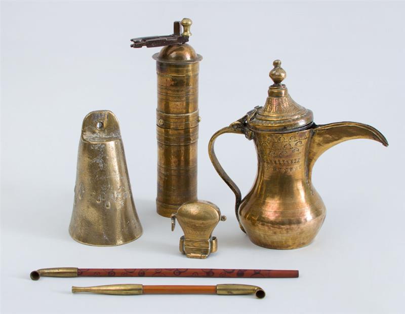 Appraisal: ARABIC BRASS COFFEE POT Together with a brass peppermill a