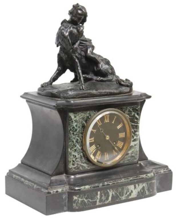 Appraisal: French mantel shelf clock late th c patinated metal figure