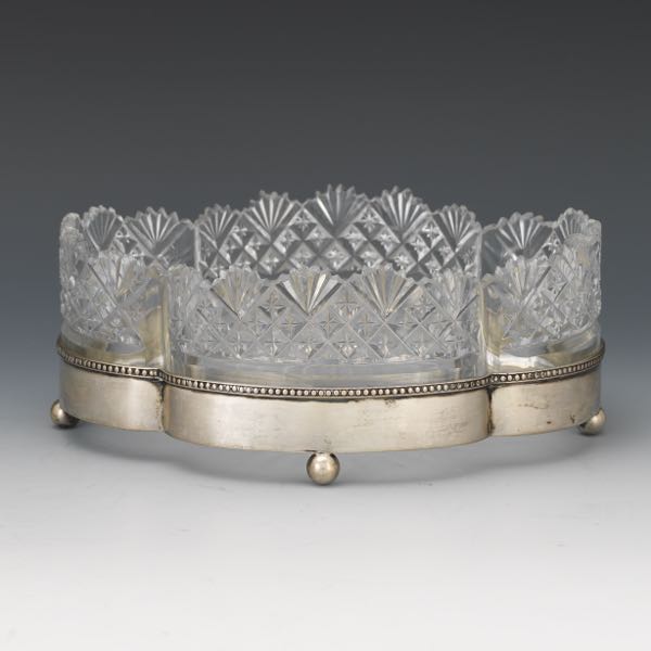 Appraisal: GERMAN SILVER AND CUT GLASS DISH x x Quatrefoil cut