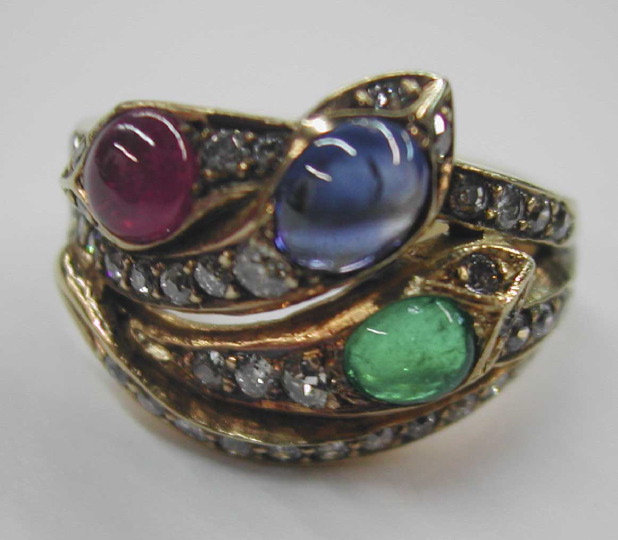 Appraisal: Fourteen-Karat Yellow Gold and Gemstone Serpent Ring cast as three