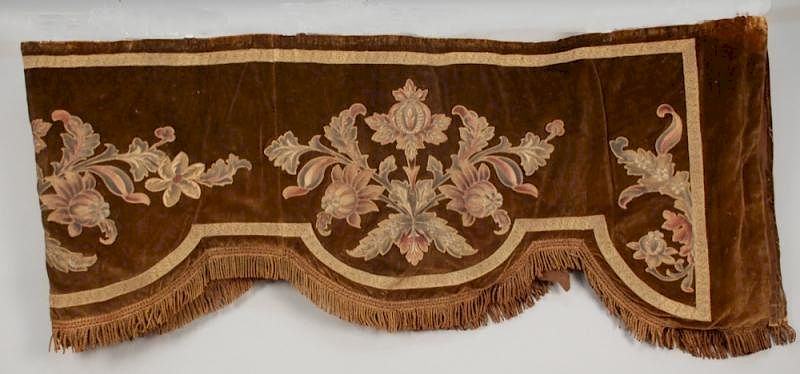 Appraisal: APPLIQUED VELVET VALANCE th C Brown decorated with polychrome silk