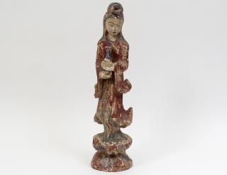 Appraisal: CARVED AND POLYCHROMED WOOD FIGURE OF GUANYIN Chinese th Century