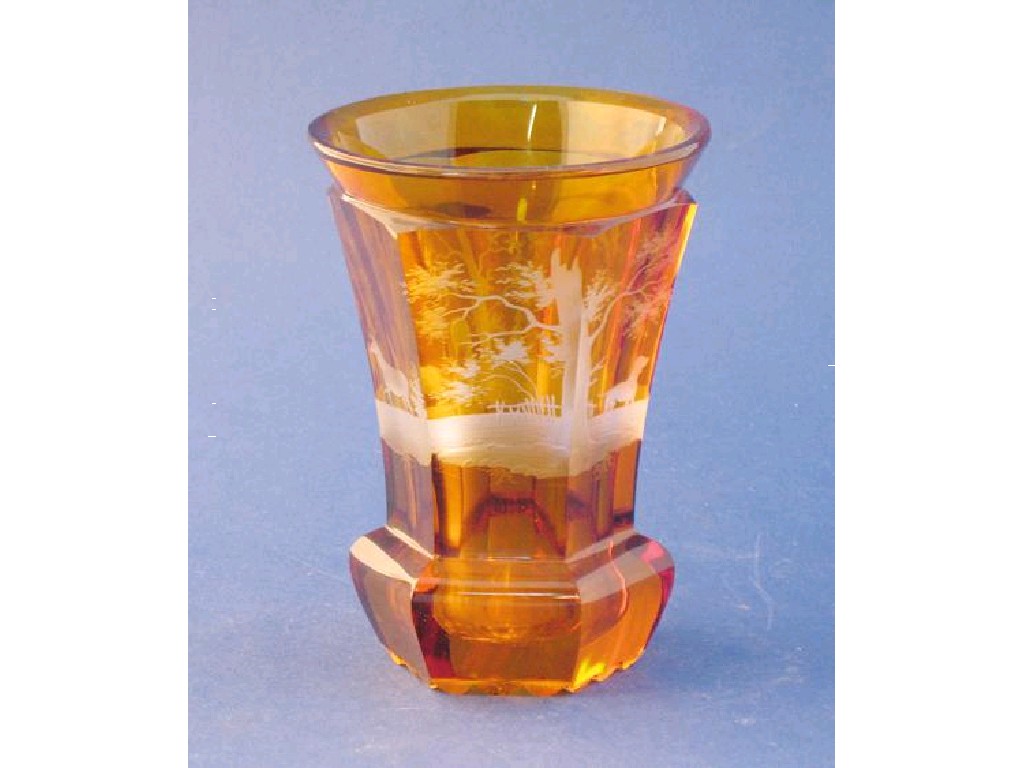 Appraisal: A BOHEMIAN AMBER OVERLAID GLASS BEAKER of flared hexagonal form