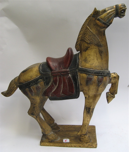 Appraisal: CHINESE GILTWOOD AND PAINTED TANG STYLE HORSE having giltwood body