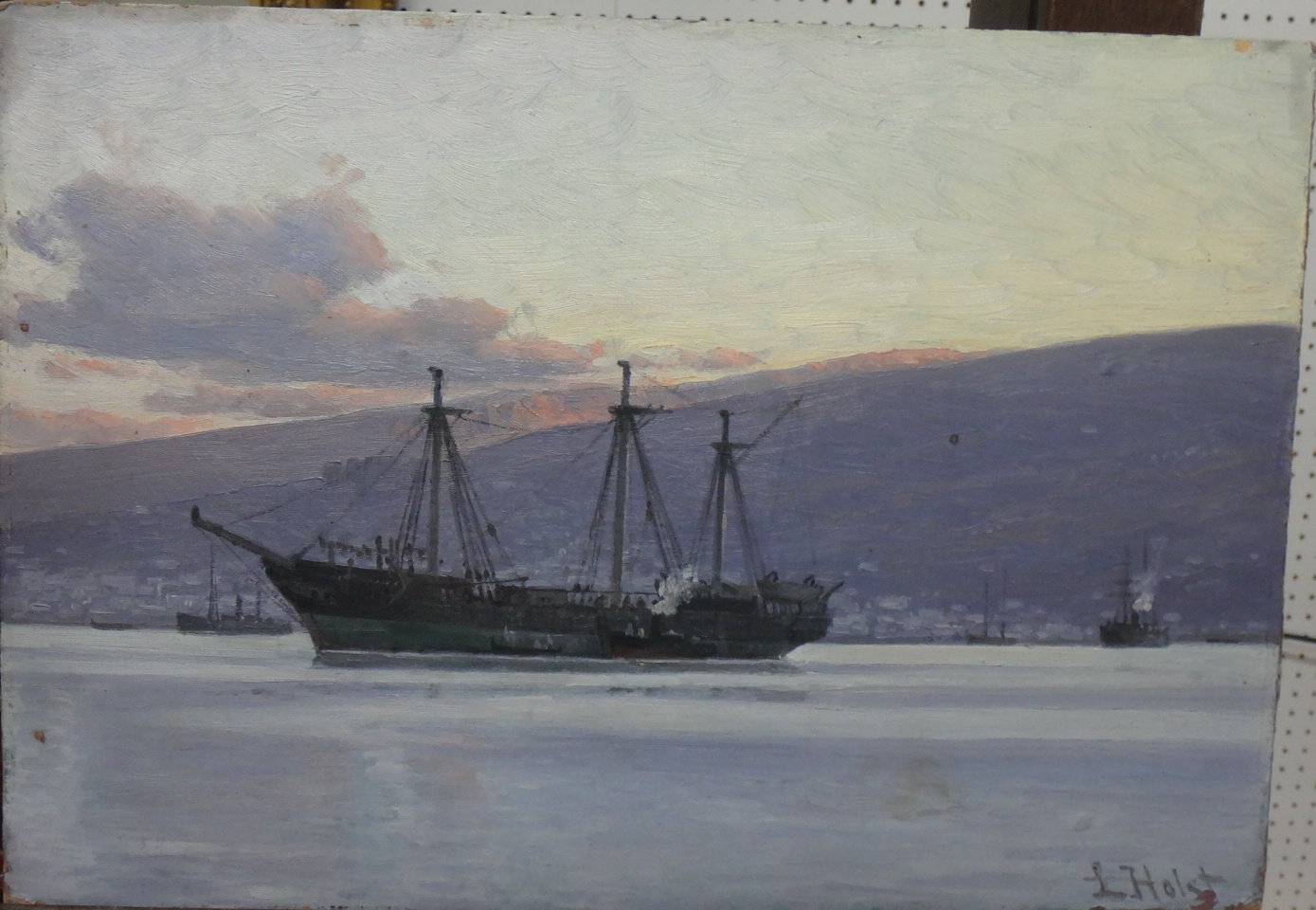 Appraisal: Lauritz Holst - Ship at anchor oil on board signed