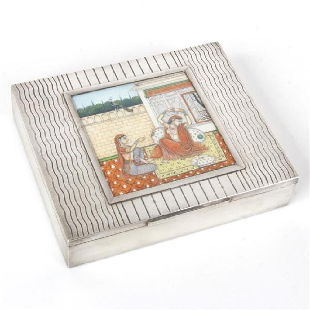 Appraisal: INDIAN STERLING SILVER TEA CADDY BOX WITH MINIATURE SCENE PAINTING