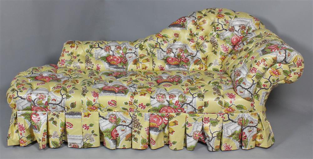 Appraisal: VICTORIAN STYLE YELLOW GROUND FLORAL CHINTZ RECAMIER having a tufted