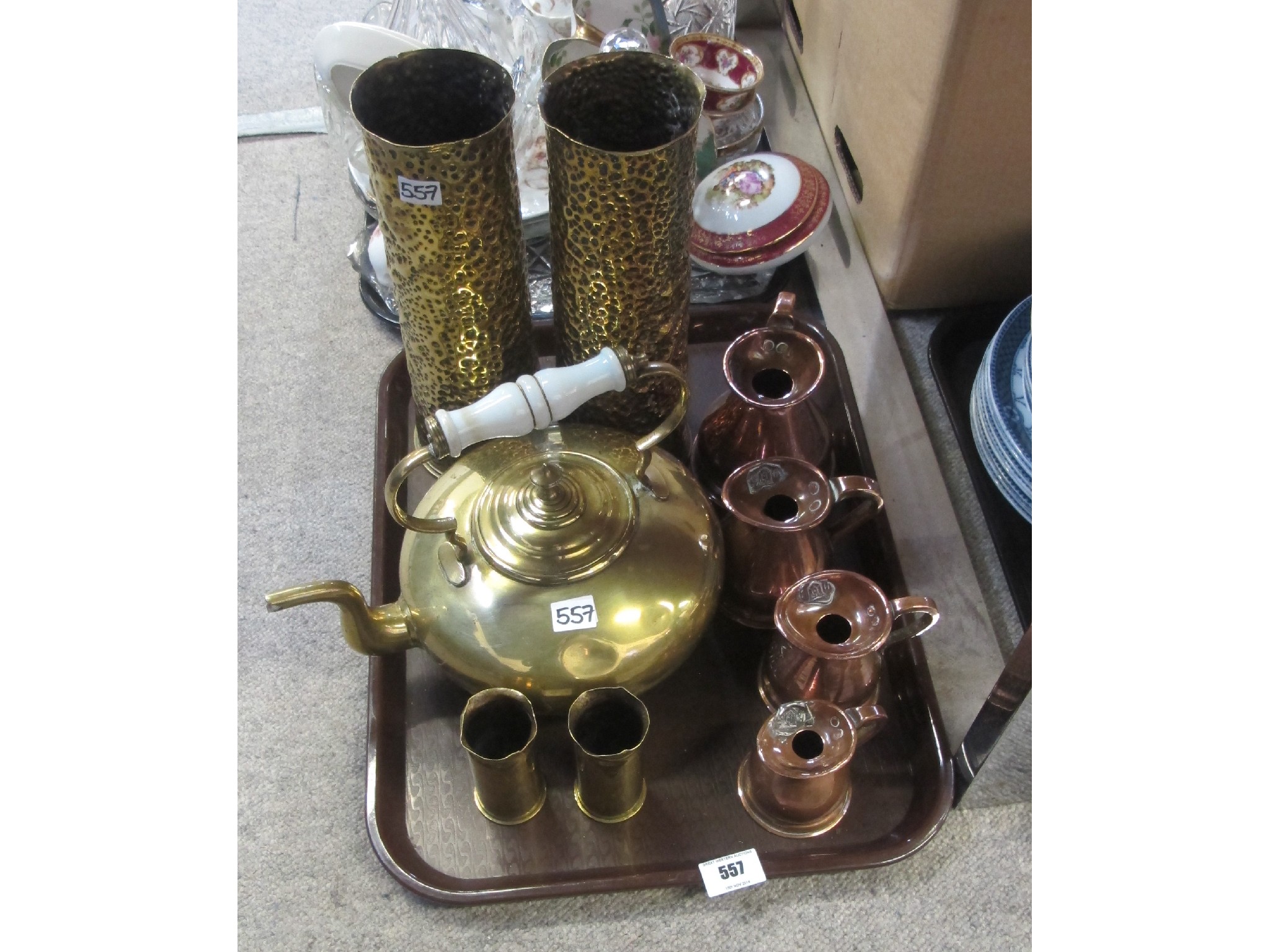 Appraisal: Brass shell case vases copper measures brass kettle etc