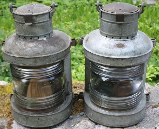 Appraisal: PAIR OF CA SHIPS LANTERNS METAL WITH CLEARRIBBED LENSES BY