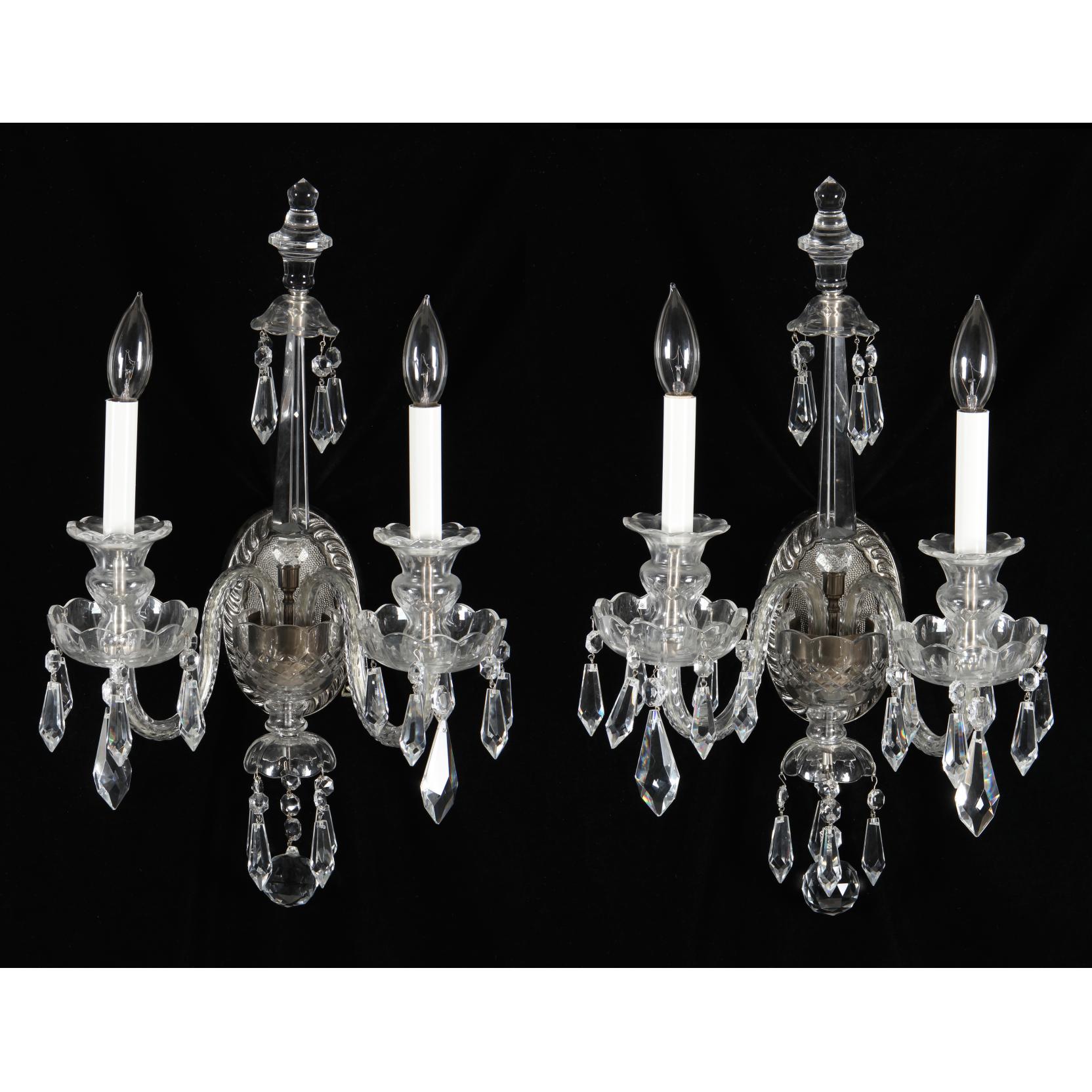 Appraisal: Pair of Vintage Crystal Double Light Wall Sconces oval silvered