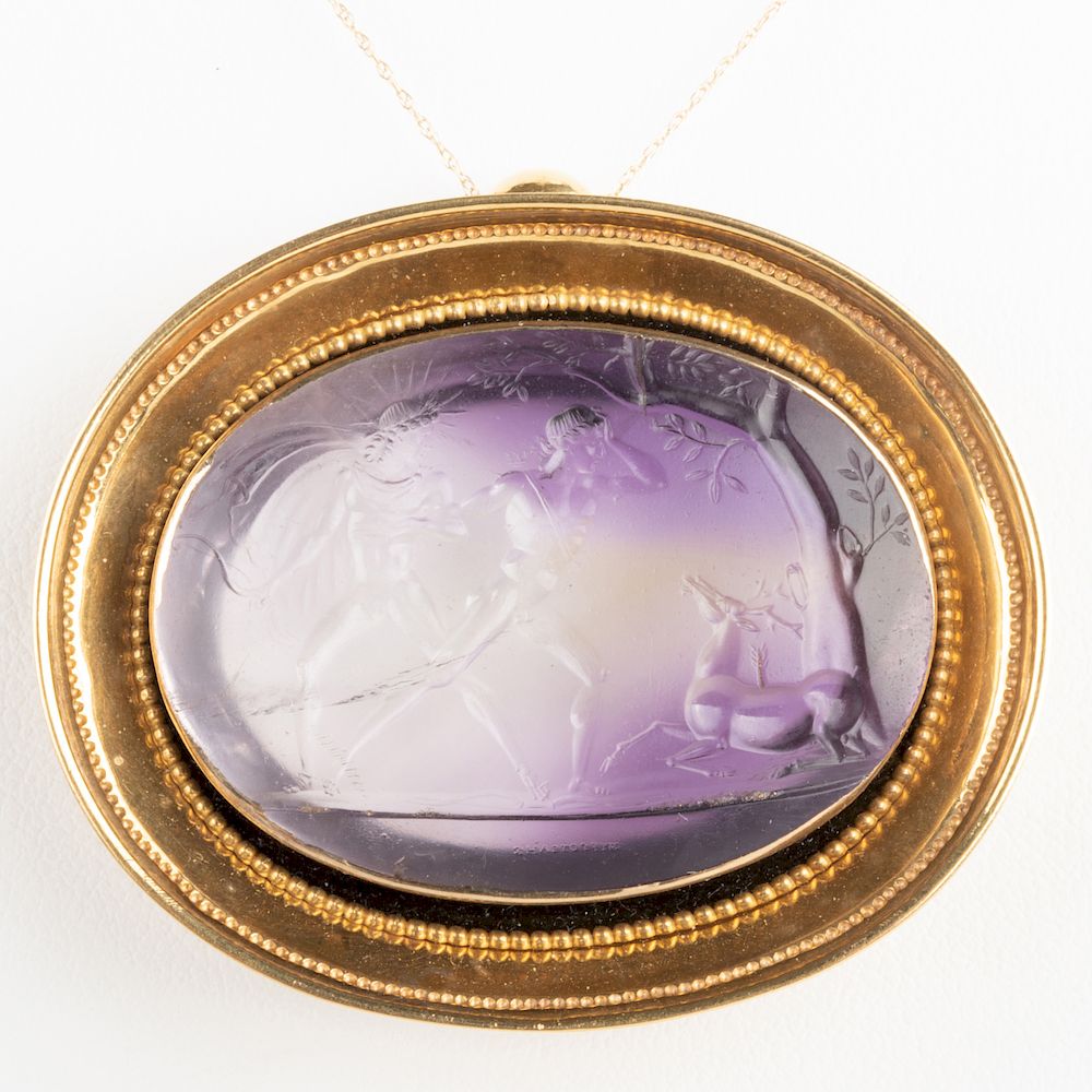 Appraisal: Neoclassical Gold-Mounted Amethyst Intaglio of Apollo and Cyparrisu Neoclassical Gold-Mounted