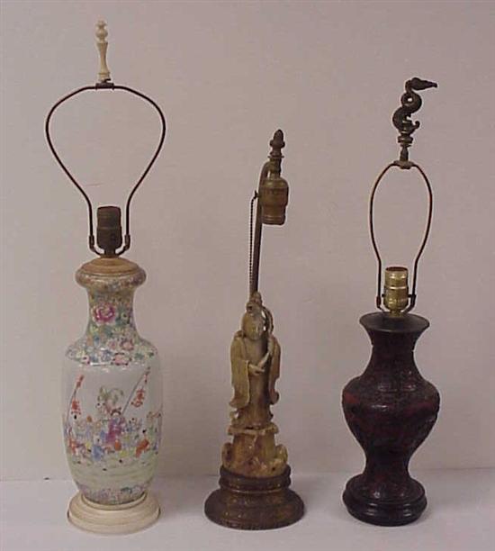 Appraisal: Porcelain and cinnbar vases mounted as lamps '' h and