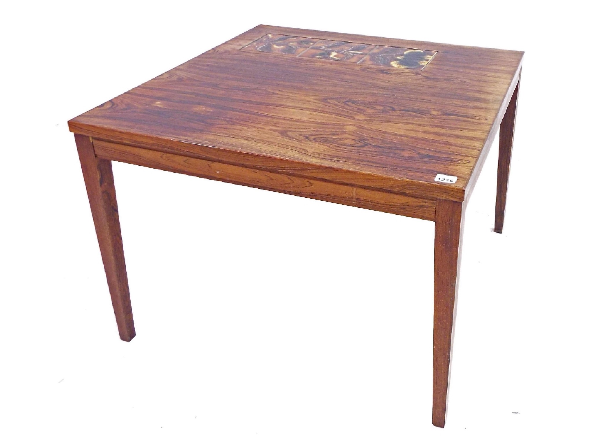 Appraisal: Danish rosewood square coffee table fitted with three floral tiles