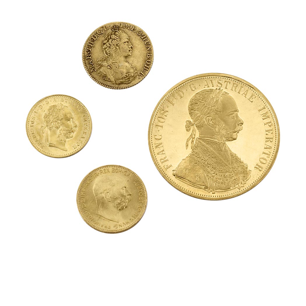 Appraisal: Austria Six Gold Coins Comprising Maria Theresa Ducat Very Fine