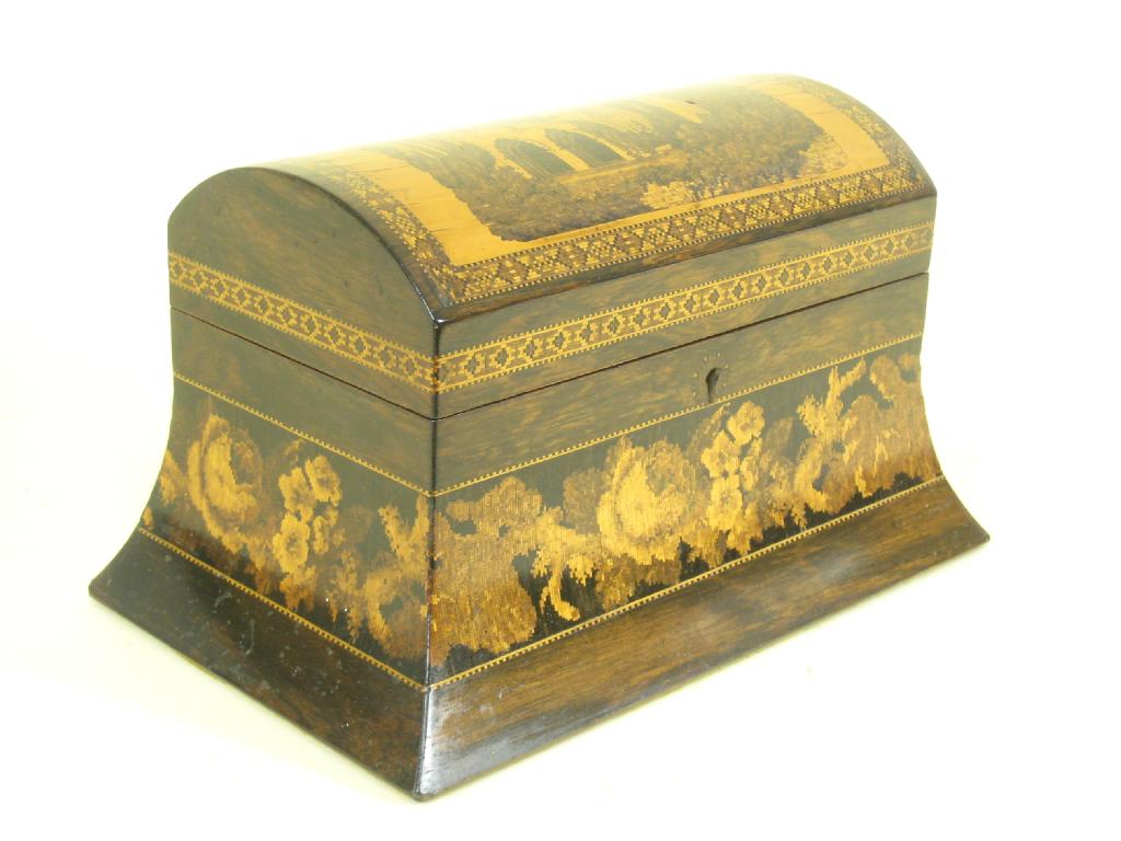 Appraisal: A th Century Tunbridgeware Tea Caddy with domed lid depicting