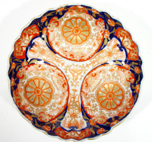 Appraisal: Japanese Imari fluted porcelain dish hand painted and gilded with