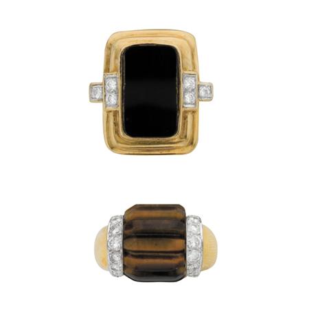 Appraisal: Two Gold Tigers Eye Black Onyx and Diamond Rings Estimate