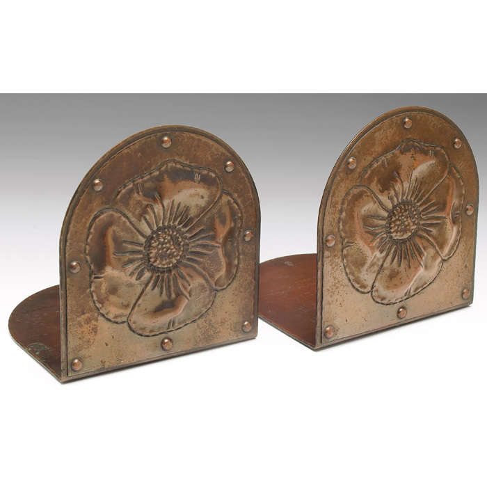 Appraisal: Roycroft bookends pair hammered copper with large tooled poppies original