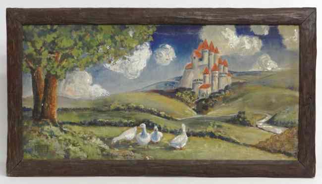 Appraisal: Painting oil on canvas castle and ducks signed ''Harlan Crandal