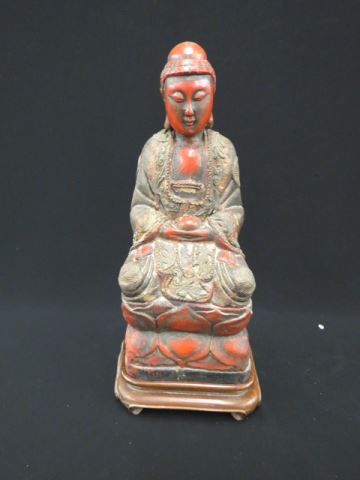 Appraisal: Chinese Carved Wooden Buddha seated red finish plus wooden base